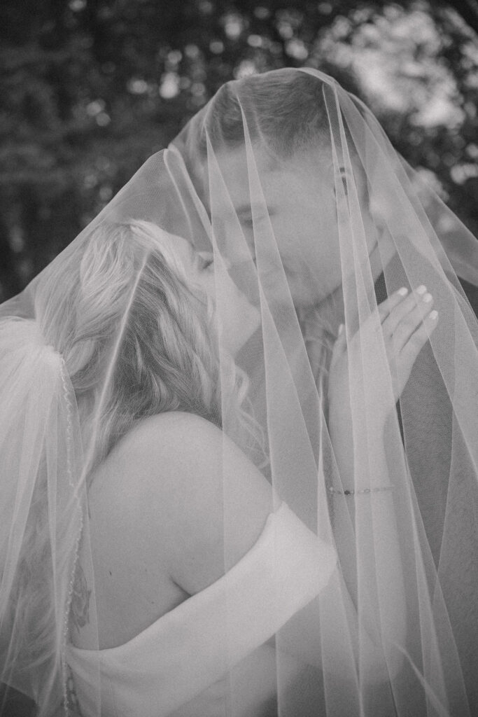 Bride and groom micro wedding veil shot